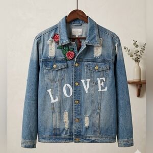 Haute Monde Distressed Denim Jacket with Rose Embroidery & LOVE Graphic M